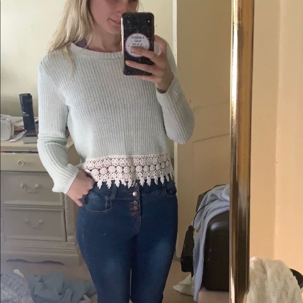 LA Roxy Cropped Knit U Scoop Sweater Light Green